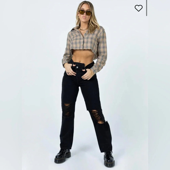 Princess Polly HOLLY ASYMMETRIC RIPPED LEG JEANS BLACK DENIM | 2 US - Picture 1 of 9